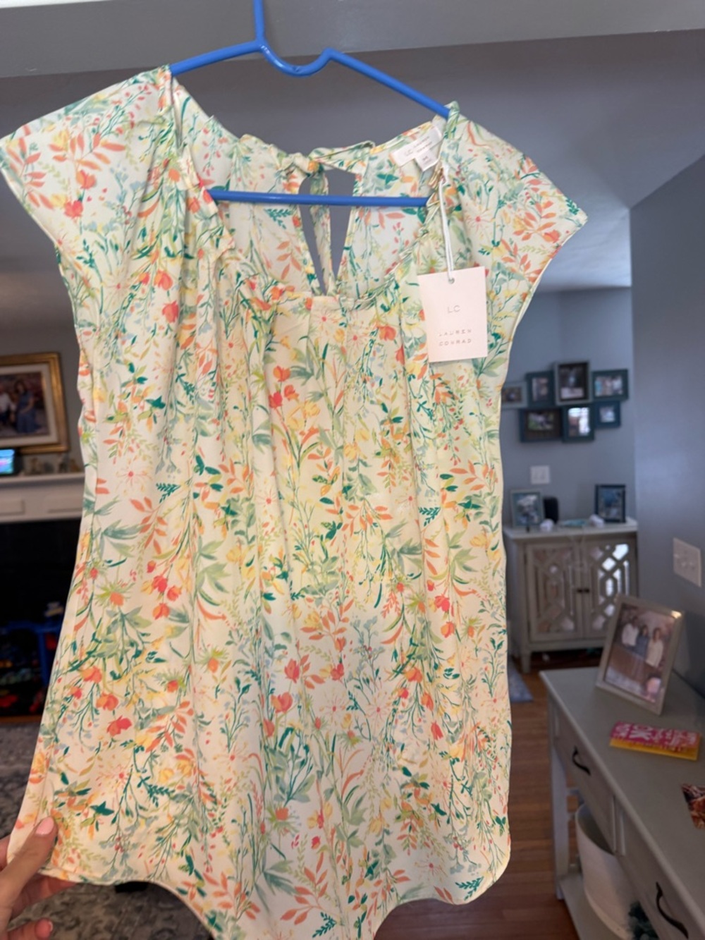 LC Lauren Conrad Cream Floral Cap-Sleeve Blouse with Green and Coral Accents